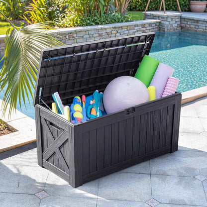 Flamaker Resin Deck Box 120 Gallon Waterproof Large Outdoor Indoor Storage Box Imitation Wood Resin