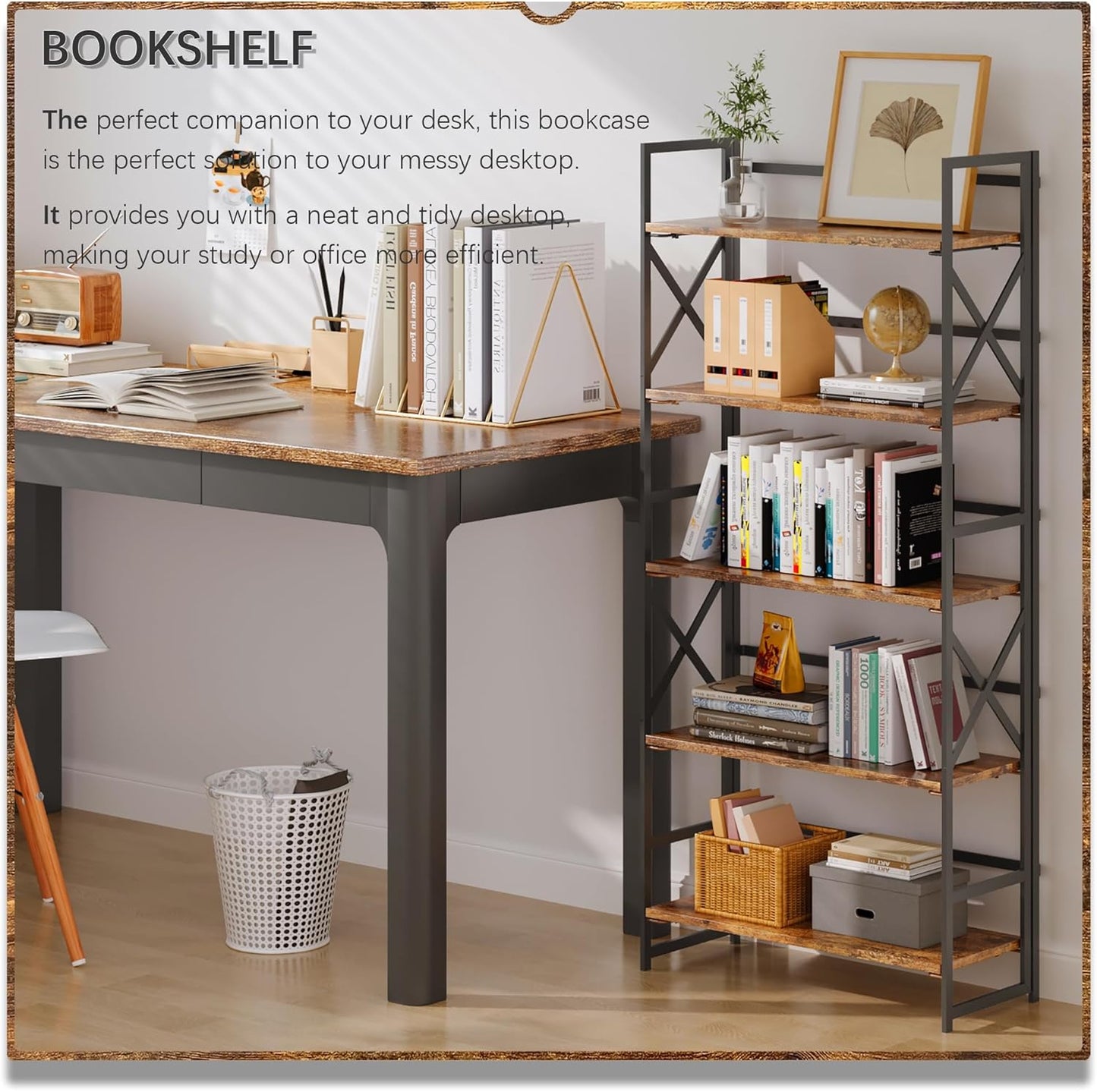 4NM 5 Tiers No Assembly Book Shelves, 51.2" H Folding Bookshelf Bookcase Open Industrial Foldable