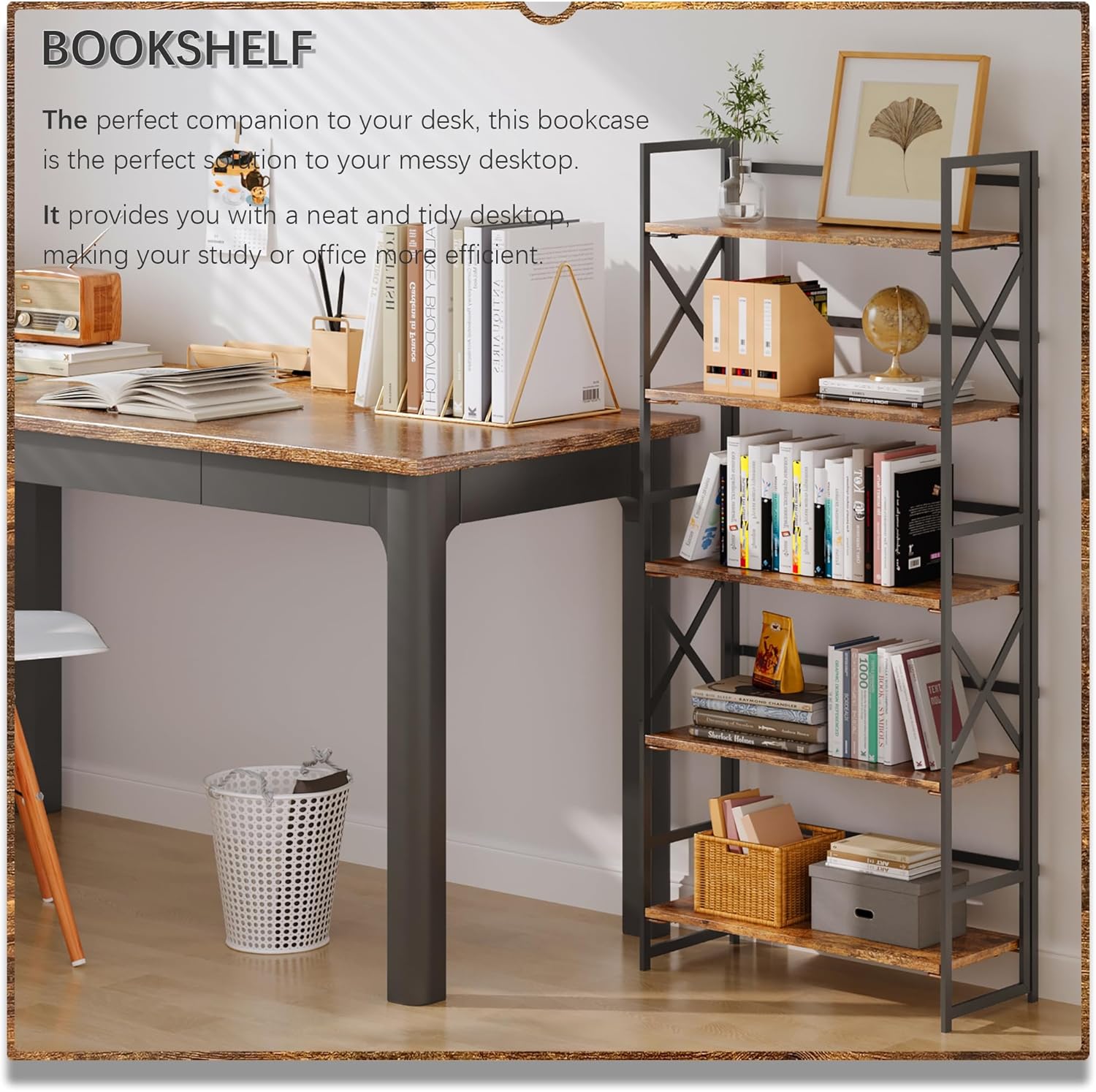 4NM 5 Tiers No Assembly Book Shelves, 51.2" H Folding Bookshelf Bookcase Open Industrial Foldable