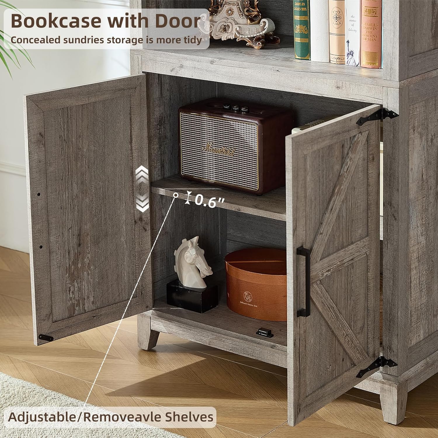 5 Tier Bookshelf 70in Tall Bookcase with Barn Doors and Storage Cabinet, Grey Farmhouse Book Shelf