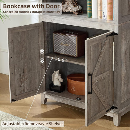 5 Tier Bookshelf 70in Tall Bookcase with Barn Doors and Storage Cabinet, Grey Farmhouse Book Shelf