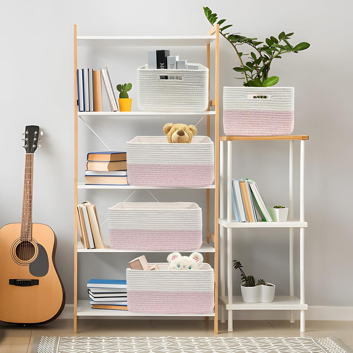 COMFY-HOMI Cotton Rope Woven Basket with Handles for Shelves,Toys,Book, Cloth Storage Baskets for