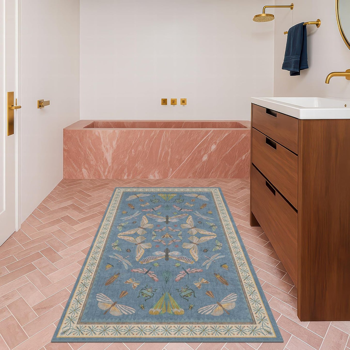 Washable Blue Rugs for Bedroom Bedside - 3x5 Laundry Room Rug for Large Kitchen, Entrance Indoor