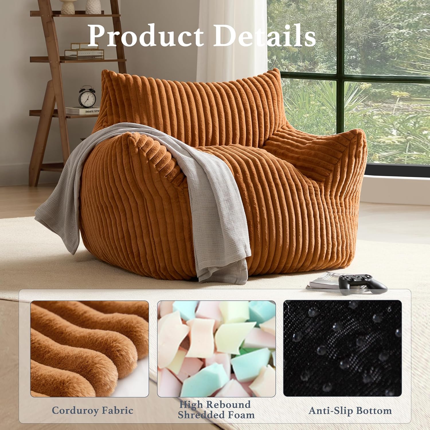 Giant Plush Bean Bag Chair for Adults with Armrests - Oversized Comfy Orange Beanbag Lounge Lazy