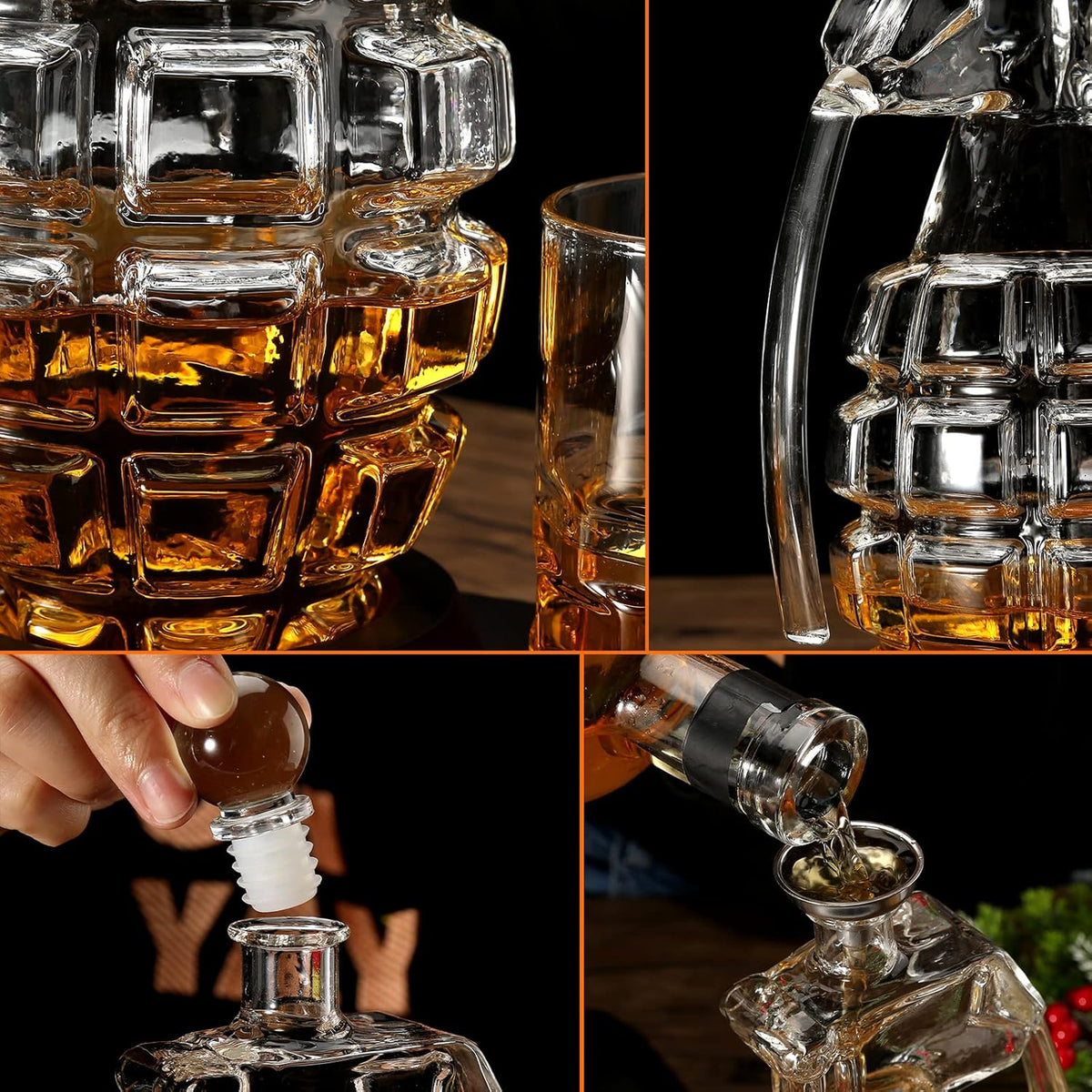 Whiskey Decanter Set Grenade Shaped Liquor Decanter Set with 2 Glasses - Scotch Bourbon Drinking