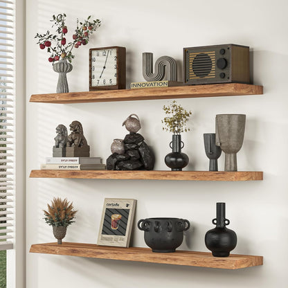 Floating Shelves for Wall, 72" Live Edge Solid Elm Wood Floating Shelf, Wall-Mounted Display