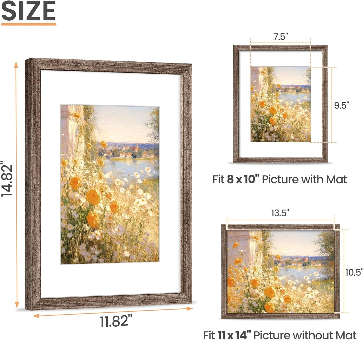 upsimples 11x14 Picture Frame, Natural Solid Wooden Picture Frames, Display 8x10 with Mat or 11 x