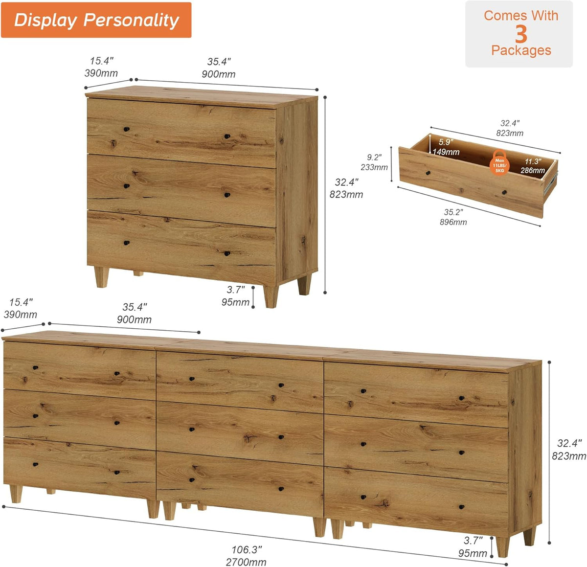 WAMPAT Dresser with 9 Drawers, Bedroom 3-in-1 Wide Wooden Chest of Drawers, Modern Long Dressers