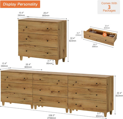 WAMPAT Dresser with 9 Drawers, Bedroom 3-in-1 Wide Wooden Chest of Drawers, Modern Long Dressers