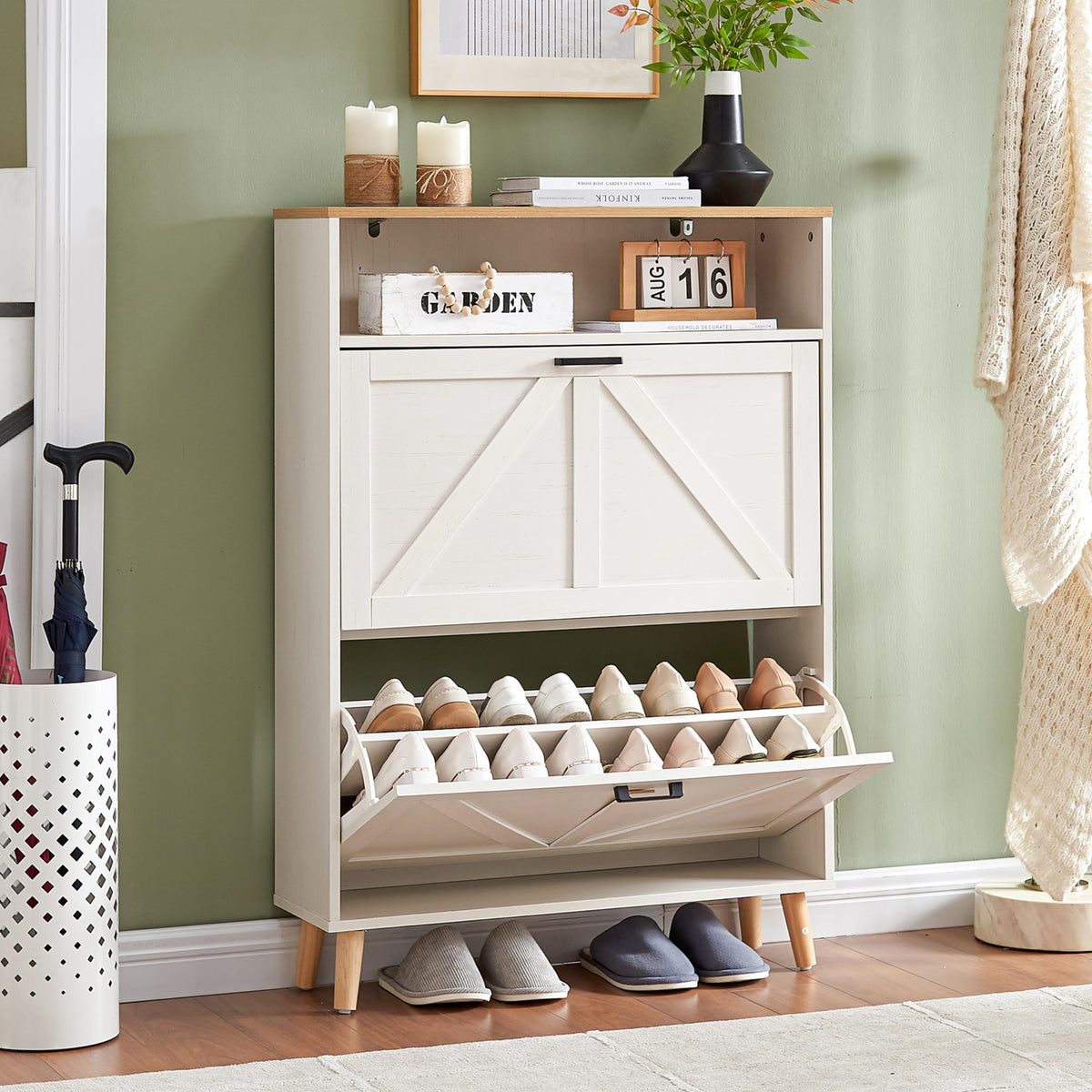 Alaxgumrol Shoe Storage Cabinet for Entryway with 2 Flip Drawers, Farmhouse Narrow Shoe Rack