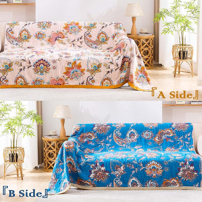 Boho Throw Blanket for Bed, 100% Cotton Soft Rustic Quilt Fall Blanket, 90"x98" Floral Printed