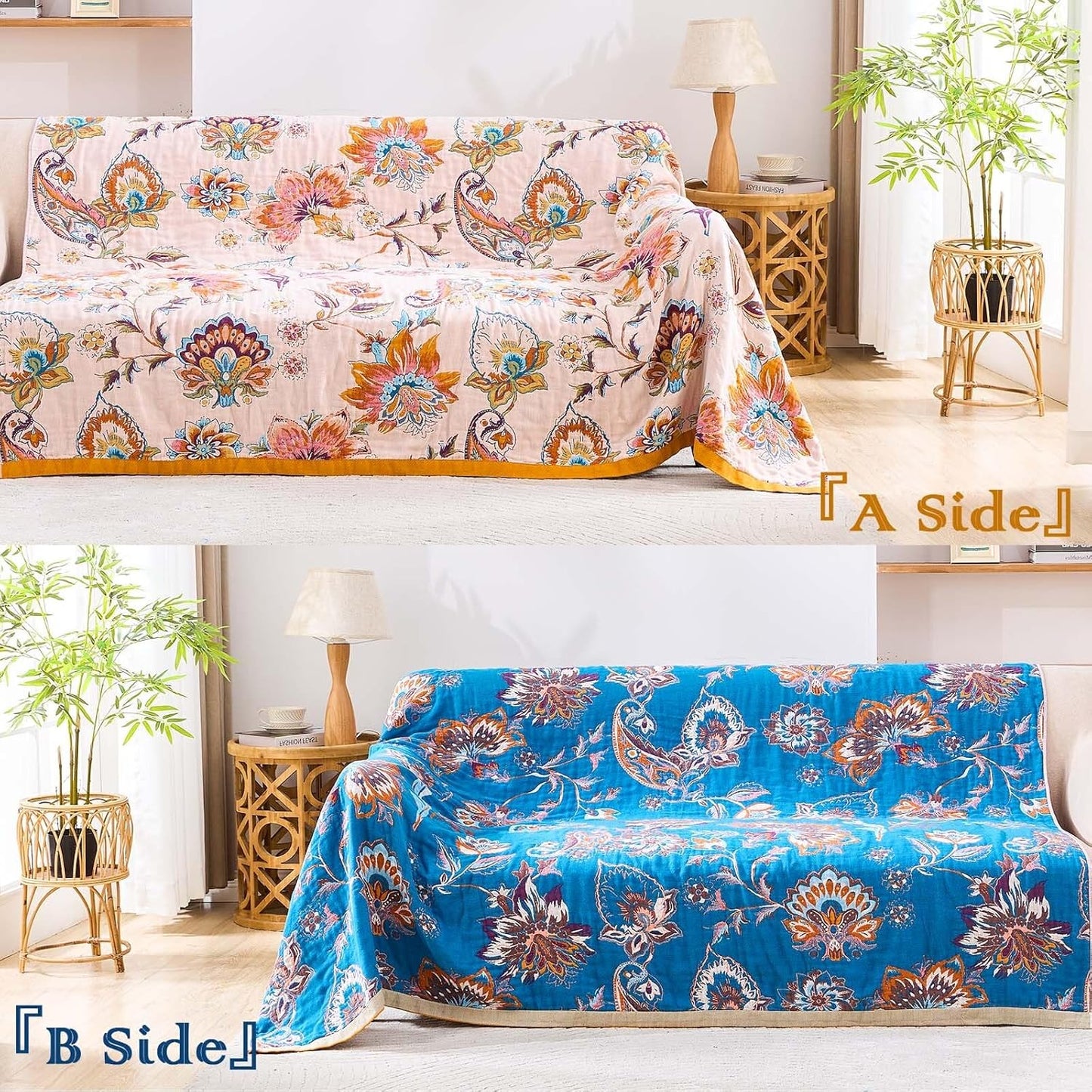 Boho Throw Blanket for Bed, 100% Cotton Soft Rustic Quilt Fall Blanket, 50"x60" Floral Printed
