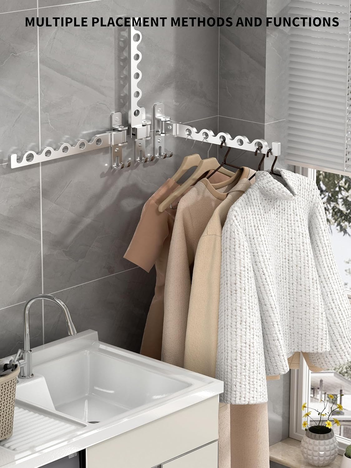 Dr.DJ Wall Hanger for Clothes, Coat Hanger Wall Mounted Silver Retractable Clothes Drying Organizer