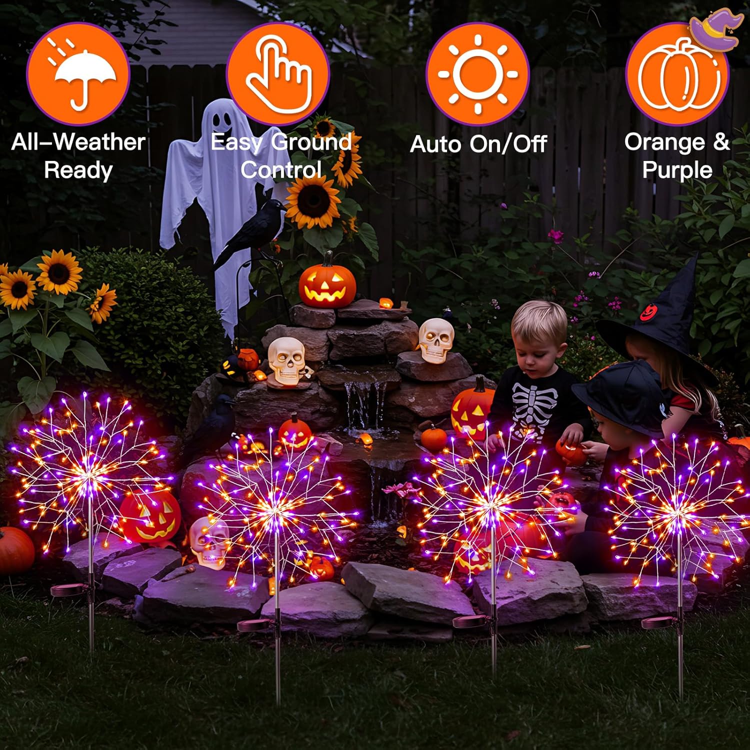 suddus Solar Halloween Lights Outdoor Solar Powered, Upgrade 2-Pack Orange & Purple Solar Firework