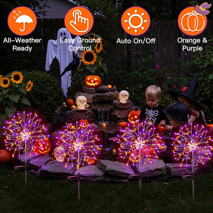 suddus Solar Halloween Lights Outdoor Solar Powered, Upgrade 2-Pack Orange & Purple Solar Firework