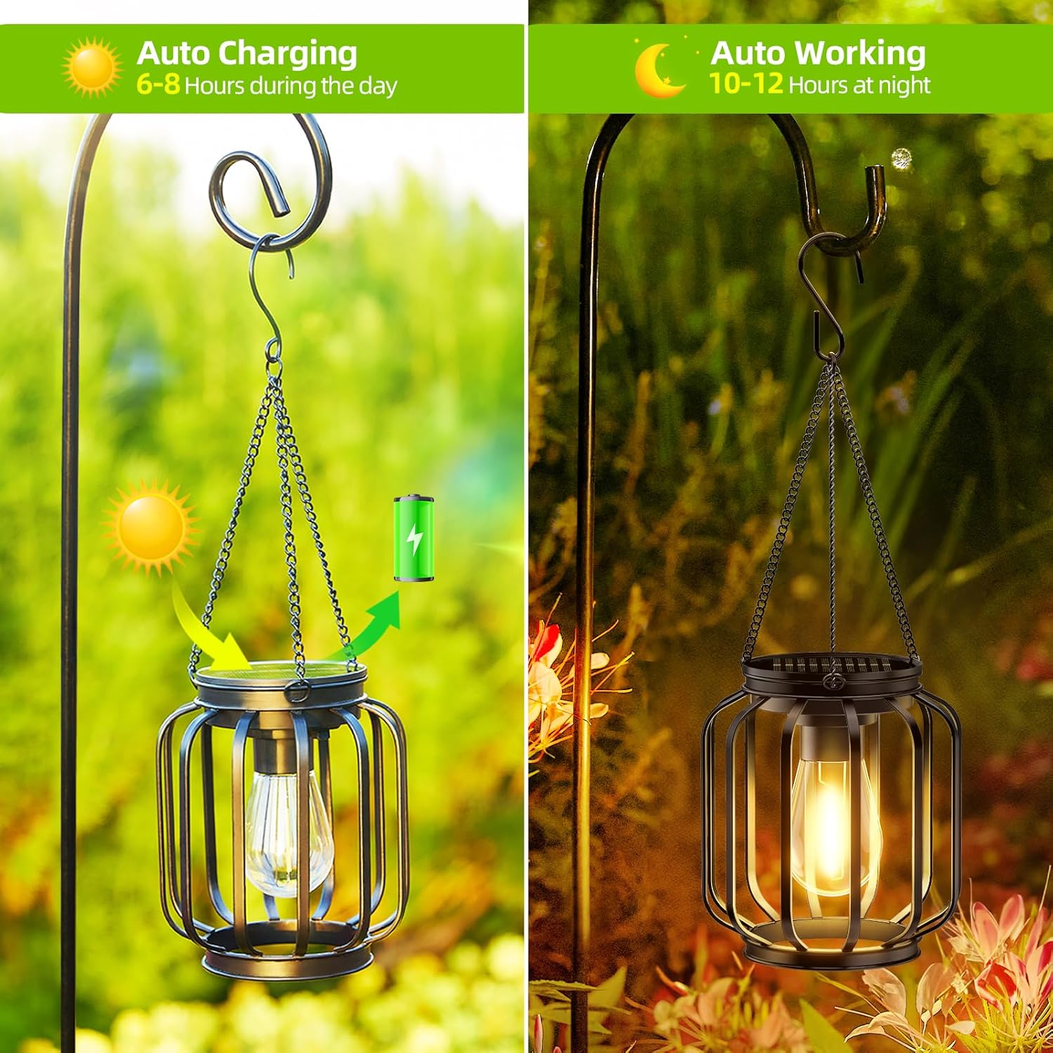 Solar Hanging Lanterns Outdoor Waterproof: 4 Pack Metal Solar-Powered Lights with Hook, Bright Warm