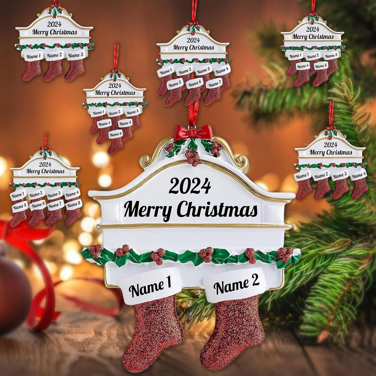Amlion Personalized Ceramic Christmas Stocking Ornaments, Family of 2-8, Custom Names, Traditional