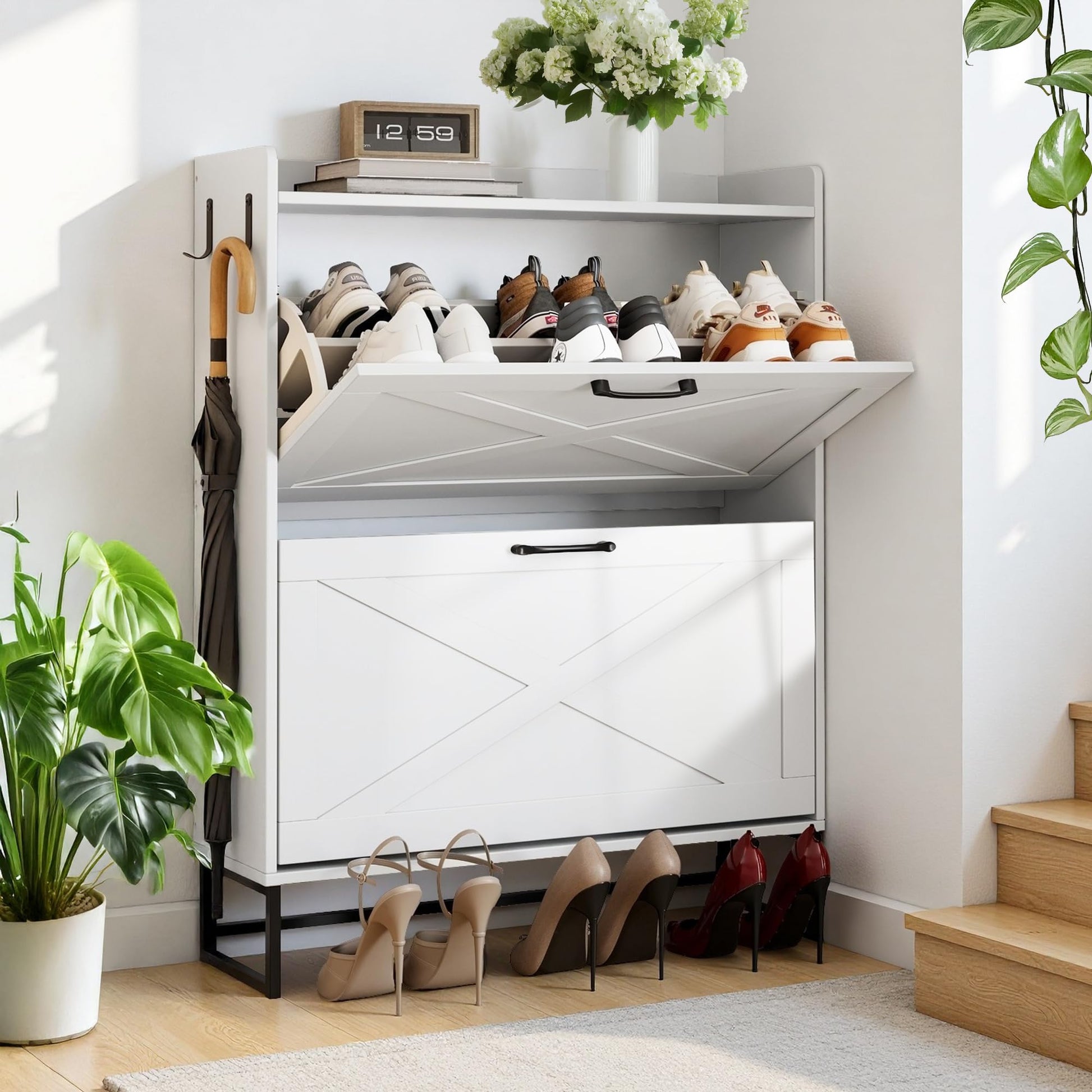 YIKEHOME Shoe Cabinet Storage for Entryway Hidden Shoes Storage Cabinet with 2 Rattan Flip Drawers