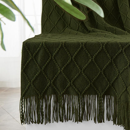 inhand Knitted Throw Blankets for Couch and Bed, Soft Cozy Knit Blanket with Tassel, Dark Green