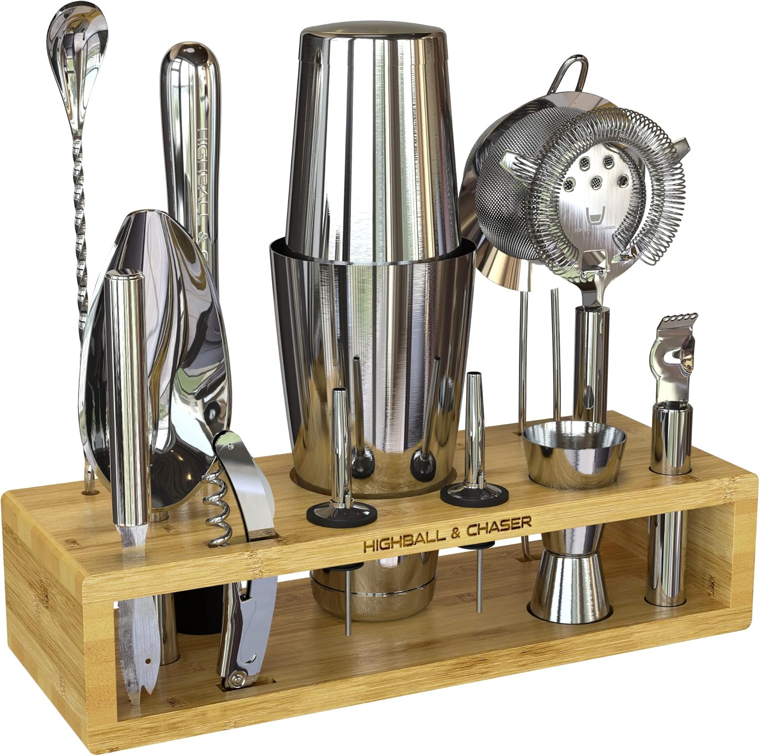 Highball & Chaser 13-Piece Boston Cocktail Shaker Set Stainless Steel Mixology Bartender Kit With