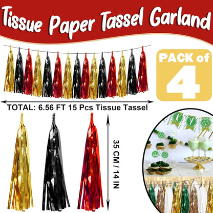 4P Black-Red Gold Foil Fringe Metallic Tassel Garland, Tassels Banner Streamers for Parade Floats