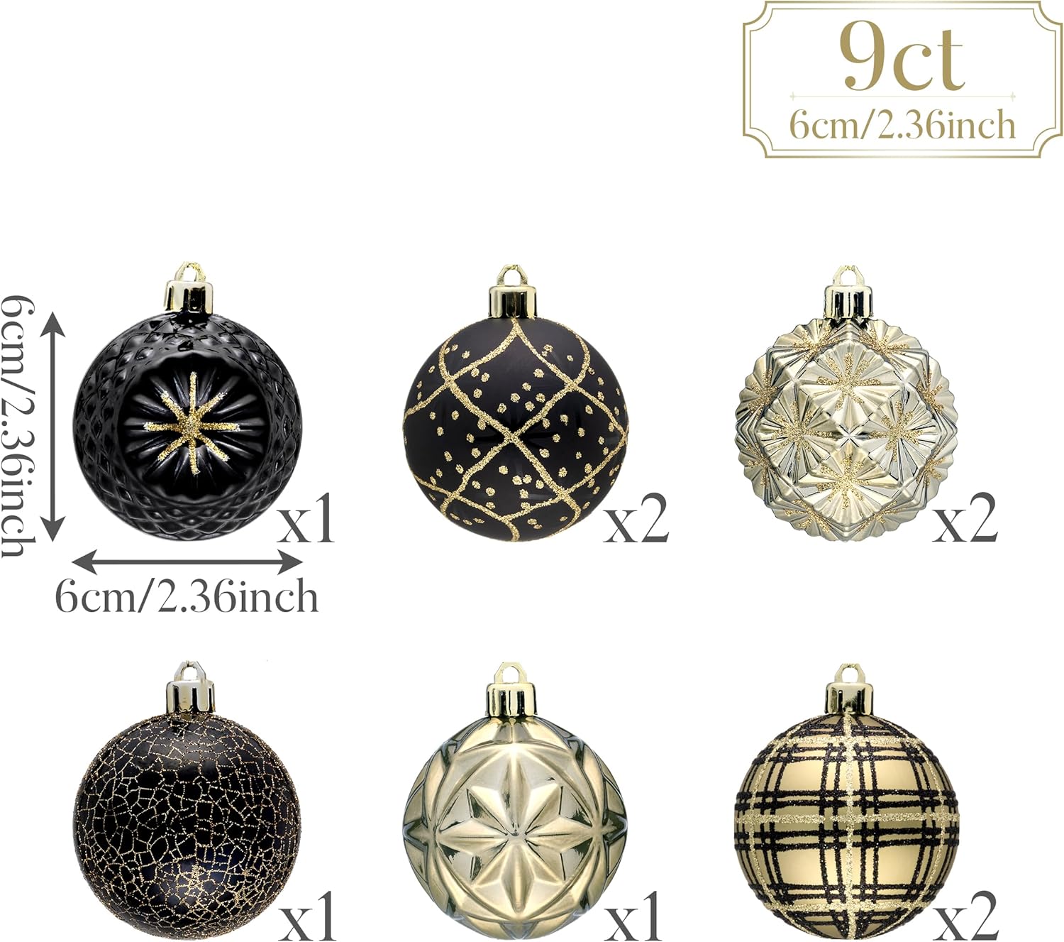 Valery Madelyn Ornaments for Christmas Trees, 9ct 2.36 Inches Black and Gold Shatterproof Christmas