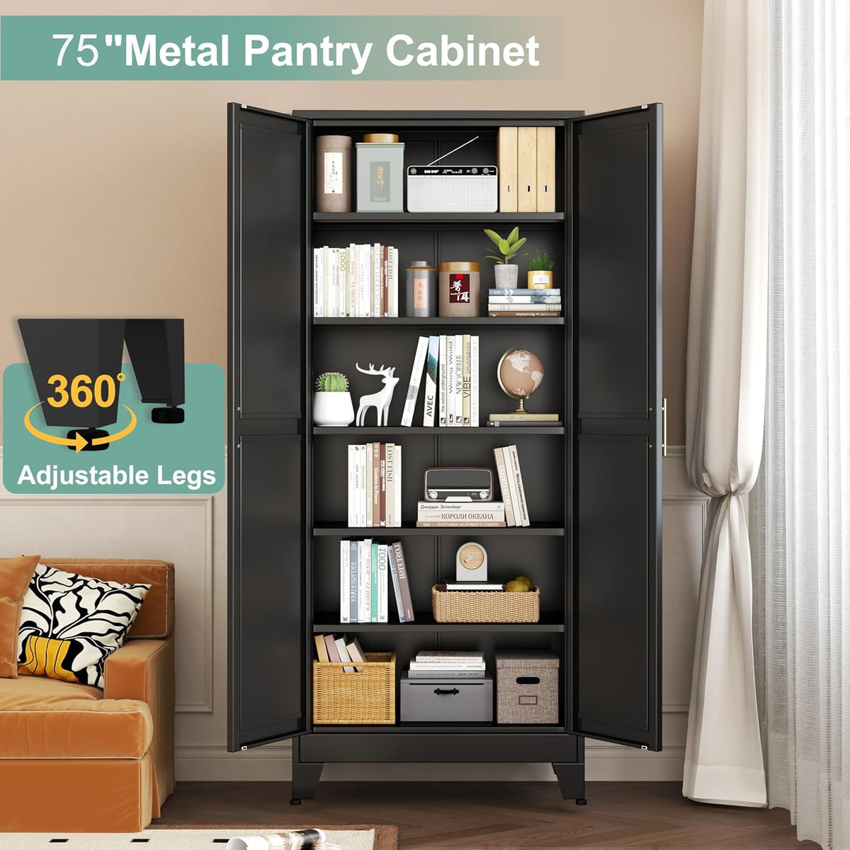Metal Pantry Cabinet with 2 Doors and 5 Adjustable Shelves, 75" Kitchen Storage cabinets with Gold