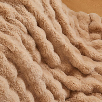 Lotus Karen King Size Faux Fur Blanket Khaki - Big Bubble Rabbit Fluff Blanket for Bed, Large