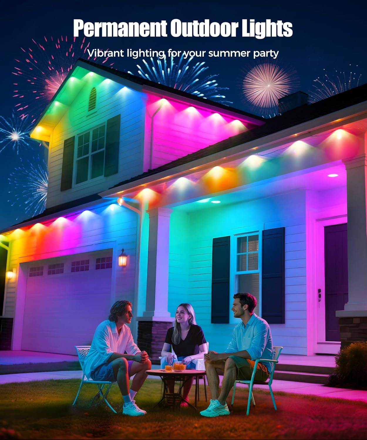 POOFZY Permanent Outdoor Lights for House, 100ft RGB+IC Smart Outdoor Decor, 50 Scene Modes