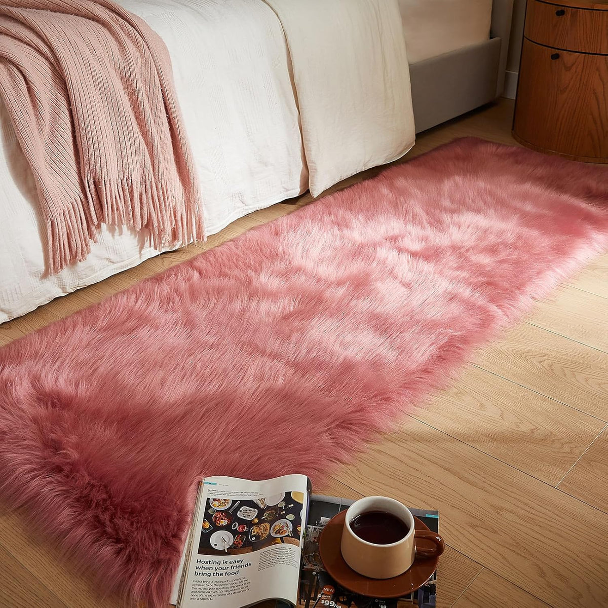 AMTOVO Faux Fur Rug, Blush Pink Ultra Soft Fluffy Shag Sheepskin Rug, 2 x 6 ft Runner Area Rugs for