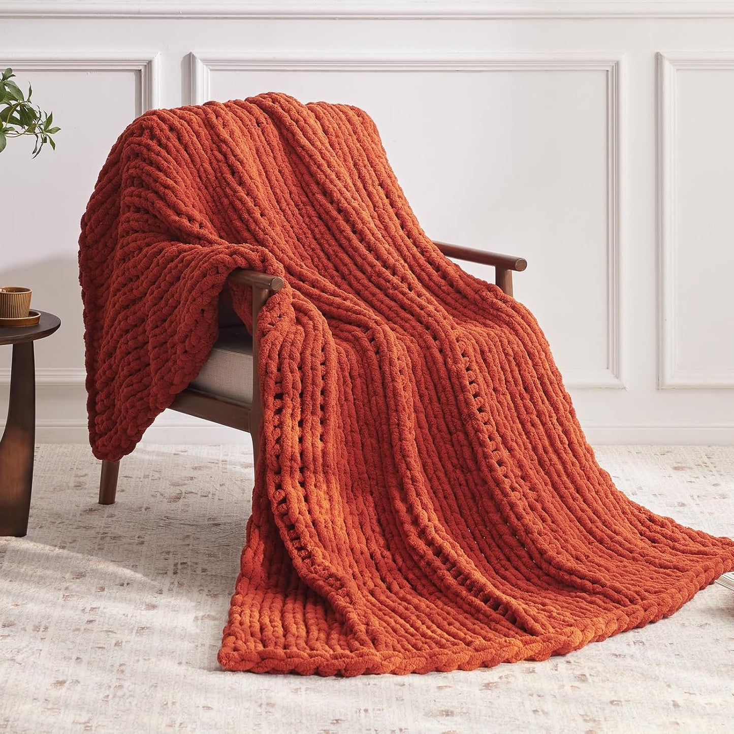 Chunky Knit Throw Blanket, 60''*80'' Knitted Throw Chenille Yarn for Bed Couch, Handmade Orange