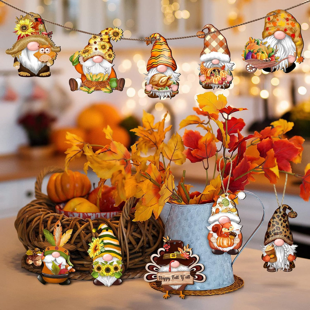 Fall Thanksgiving Gnomes Wooden Hanging Ornaments, Autumn Wood Hanging Pendant Decoration for Fall
