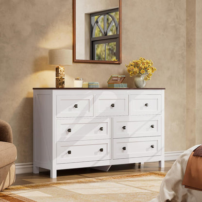 WLIVE Farmhouse Dresser for Bedroom, 51.18'' Wide 7 Drawer Wood Dresser, White TV Stand for 65 inch