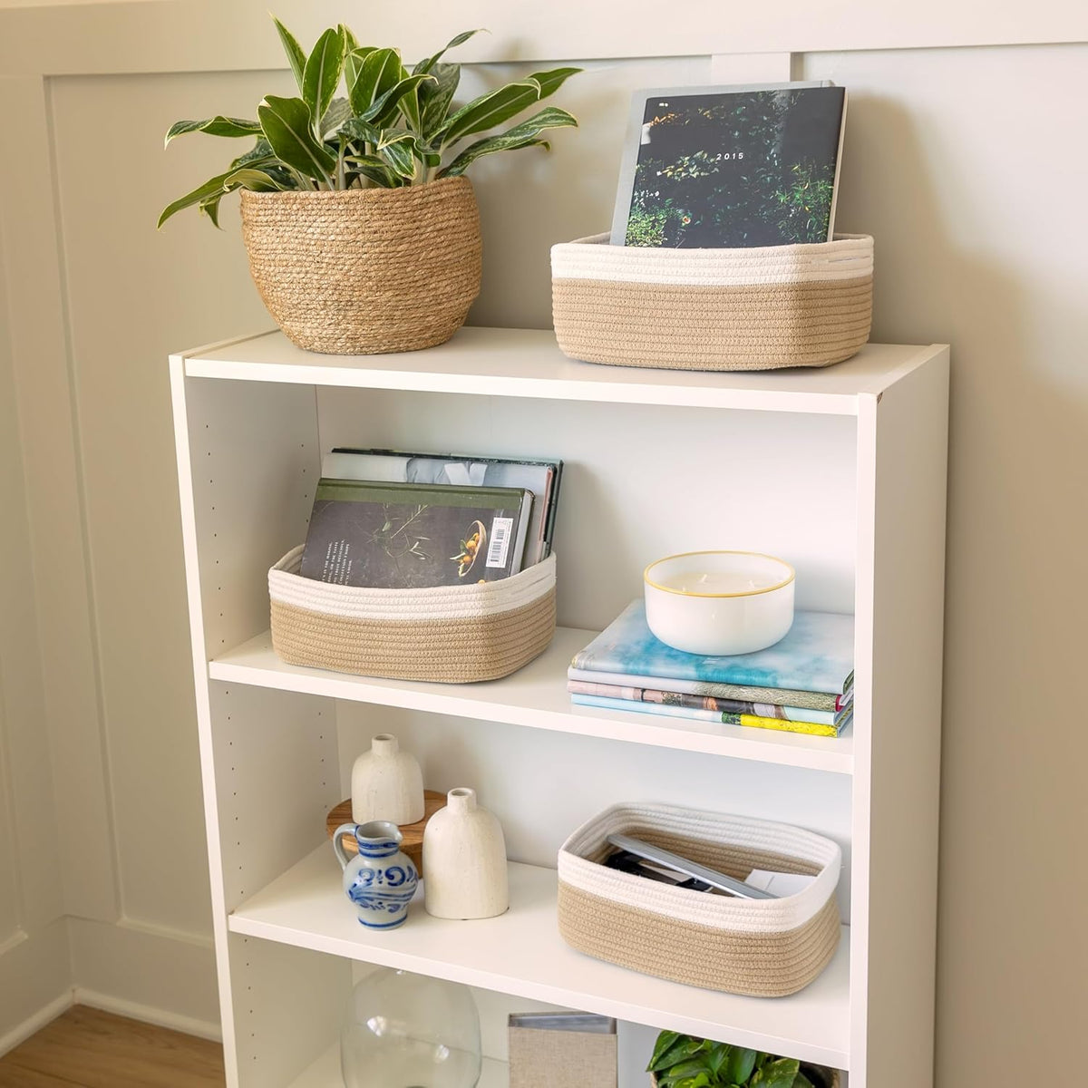 NaturalCozy 11.8"x8"x4.5” Storage Baskets for Shelves 3 Pack | Cotton Rope Woven Small Baskets for