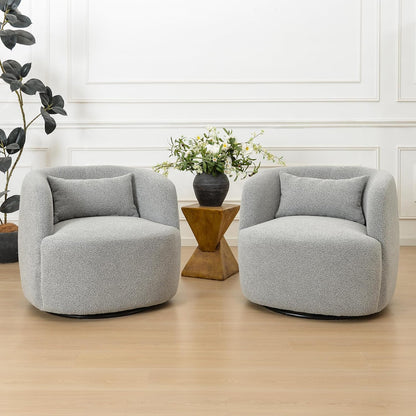 KINWELL 34" Wide Sherpa Swivel Barrel Chairs Set of 2, No Assembly Round Boucle Upholstered Accent