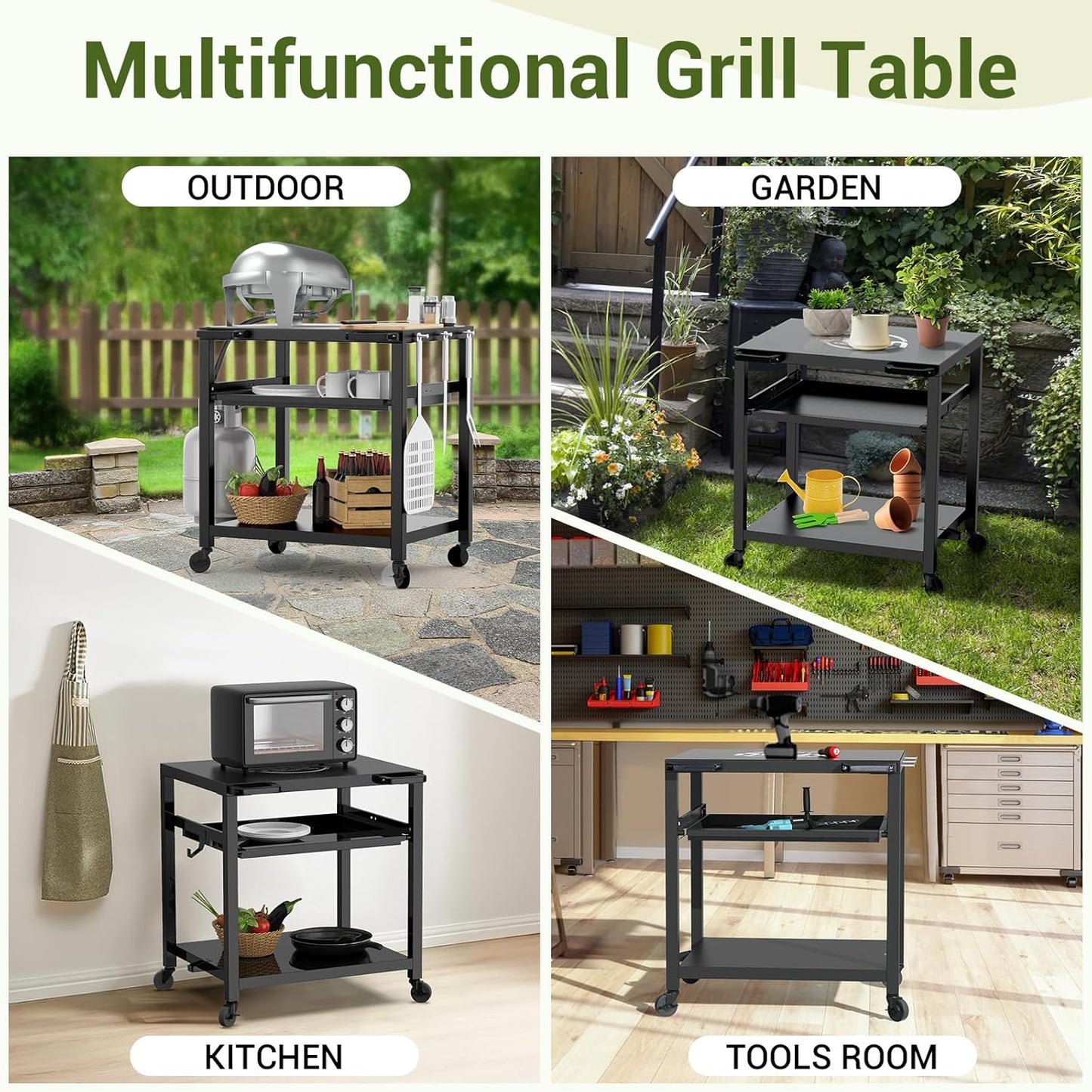 NUUK Outdoor Grill Prep Table 24"x30" Metal Grill Cart Outside 3-Layer Pizza Oven Table Movable