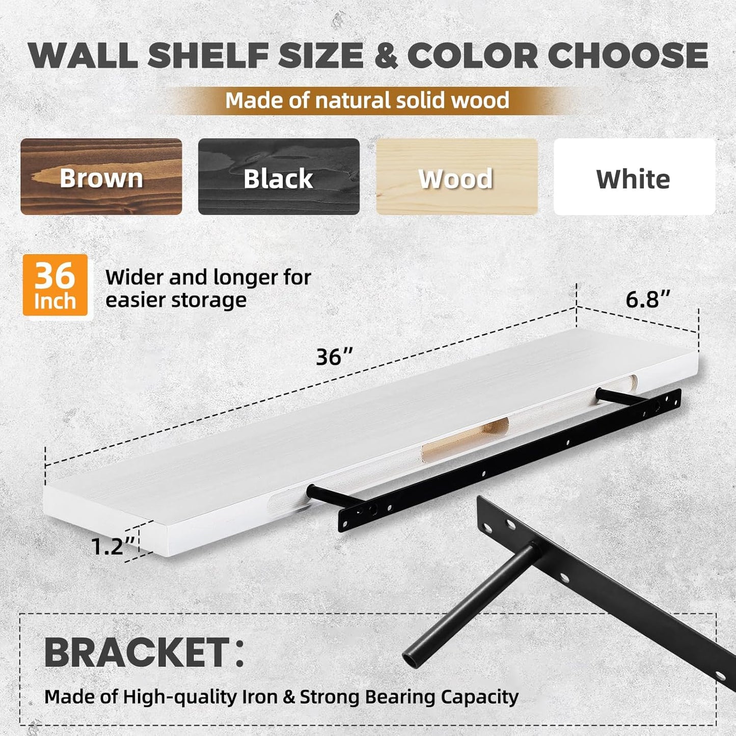 36"x6.8"x1.2" Solid Wood Floating Shelves 2-Pack - Rustic White Finish with Hidden Brackets