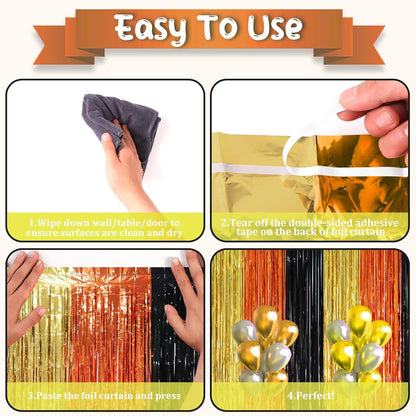 3 Pack 3.3 x 8.2 ft Black Gold Orange Foil Fringe Backdrop Curtains, Tinsel Streamers Party