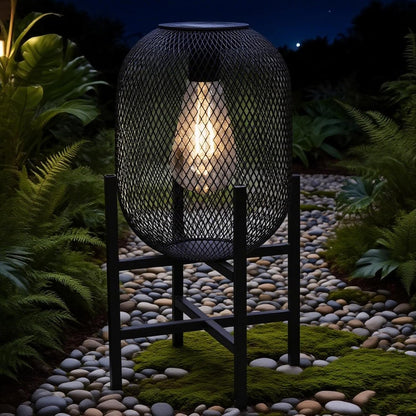 Solar Mesh Lantern Outdoor – 13.8" Tall Black Metal Patio Light with Edison Glass Bulb, Solar