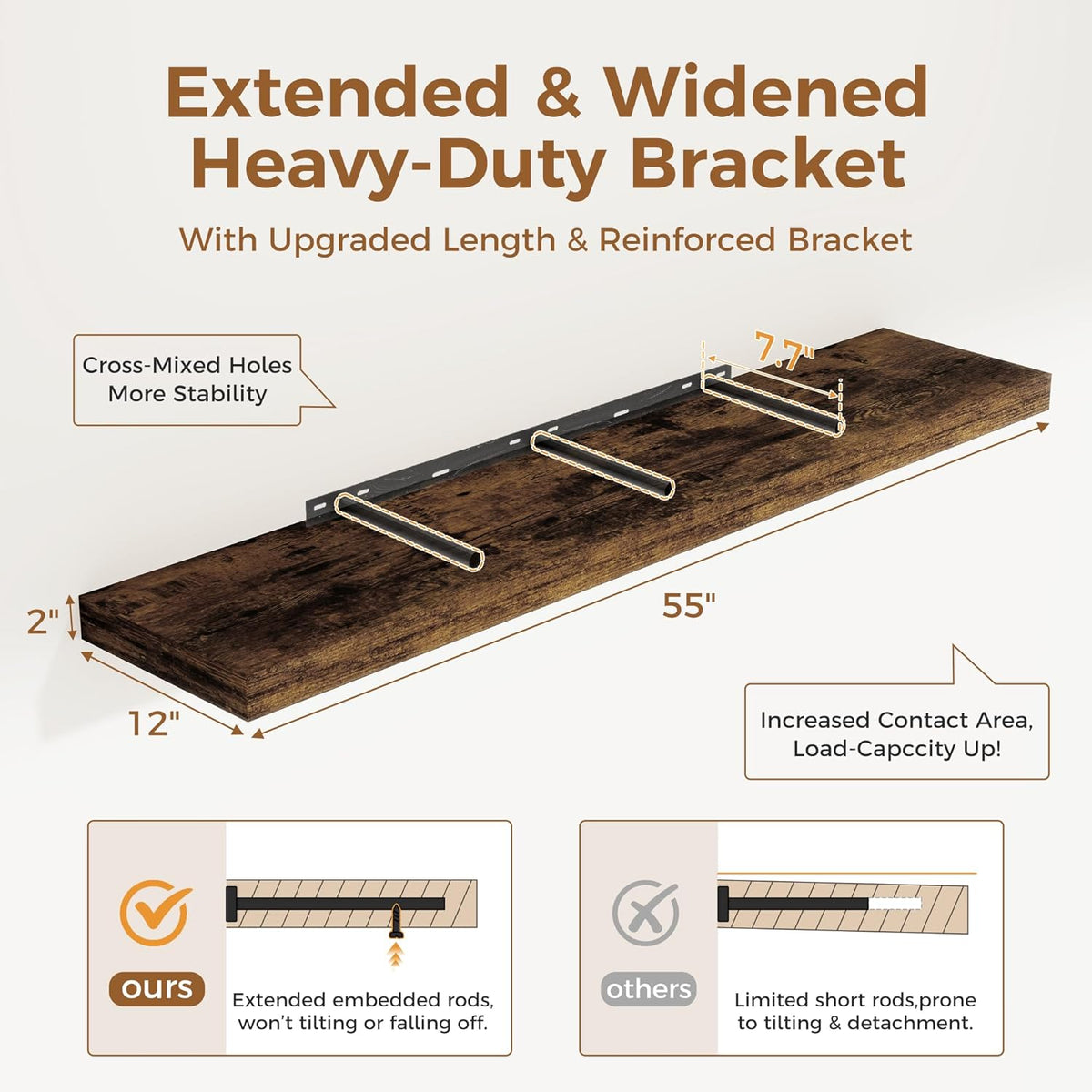 Floating Shelves 55 Inch Long, 55 x 12 Large Floating Shelf Wall Mounted, 12 Inch Wide Floating