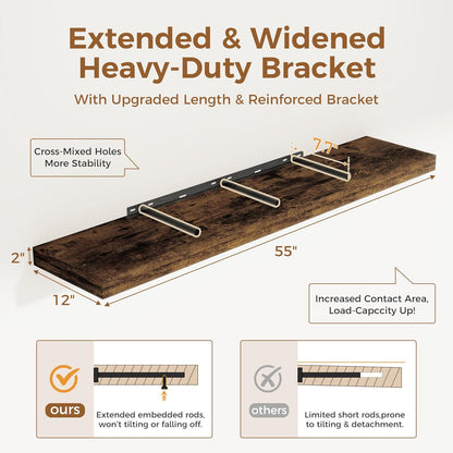 Floating Shelves 55 Inch Long, 55 x 12 Large Floating Shelf Wall Mounted, 12 Inch Wide Floating