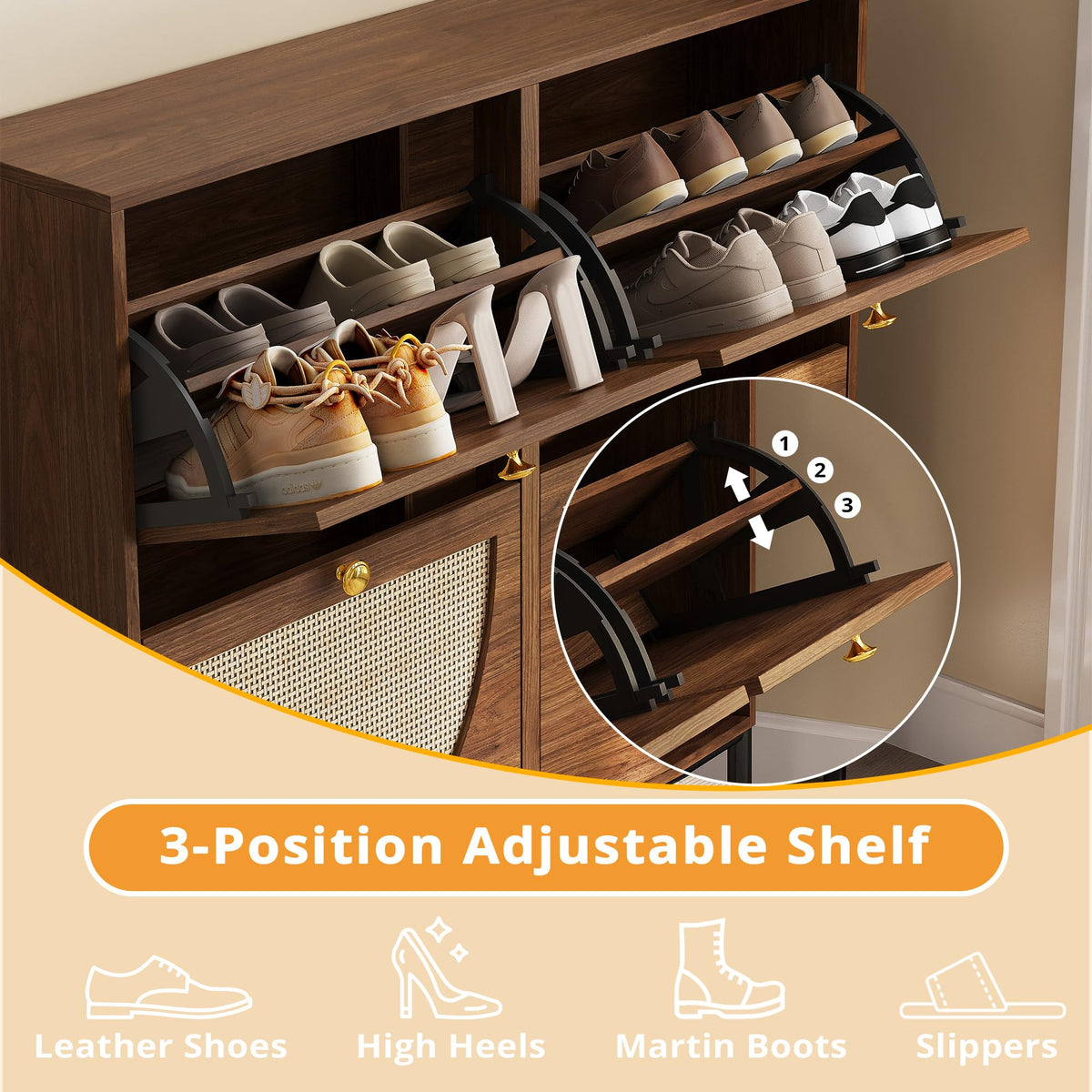 IRONCK Rattan Shoe Cabinet Storage with 4 Flip Drawers, Walnut