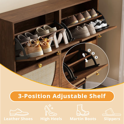 IRONCK Rattan Shoe Cabinet Storage with 4 Flip Drawers, Walnut