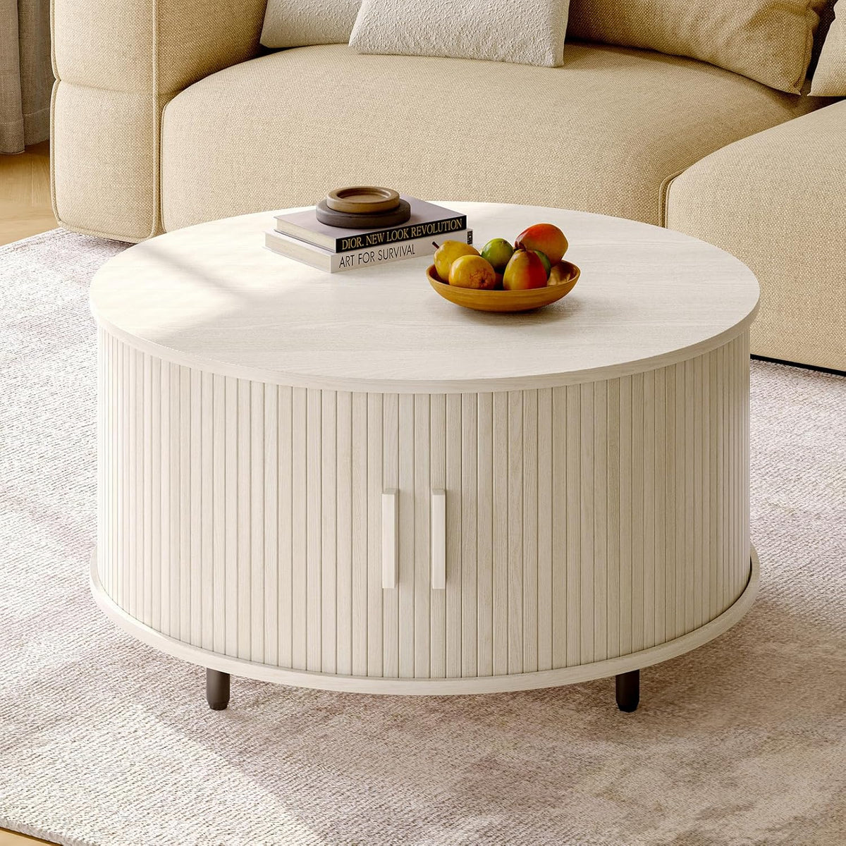 Round Coffee Table with Storage, 31.5" Modern Coffee Table with 360° Curved Sliding Door, Fluted