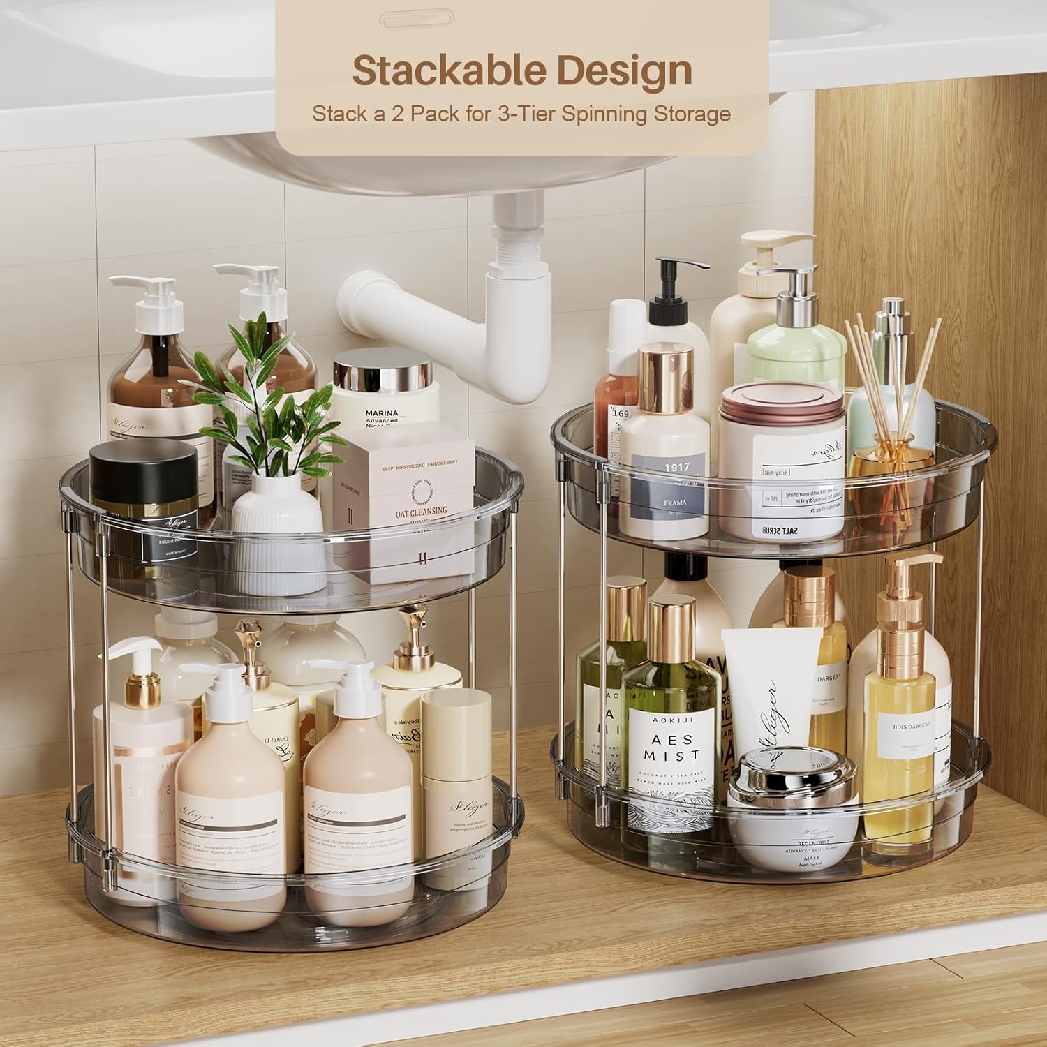 LAMU 12 inch 2 Tier Lazy Susan Turntable Organizer Rotating Spice Rack Organization for Cabinet