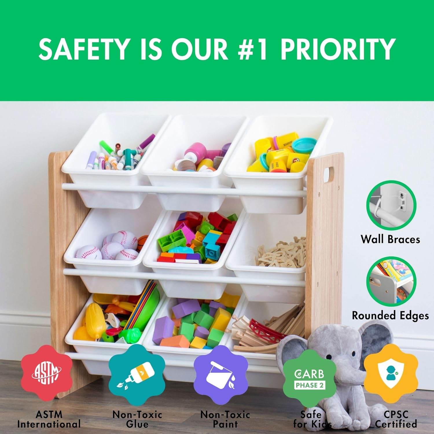 Humble Crew 9-Bin Toy Organizer – Journey Natural Wood with White Plastic Bins, 3-Tier Storage