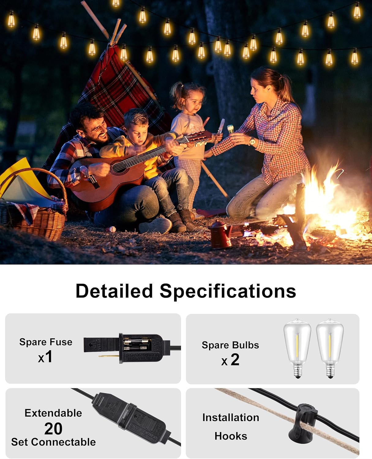 Outdoor String Lights - 50FT LED Patio Lights with 27 Shatterproof Waterproof Bulbs, Connectable