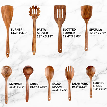 Zulay Kitchen 9-Piece Teak Wooden Utensils for Cooking - Smooth Finish Natural Teak Utensil Set