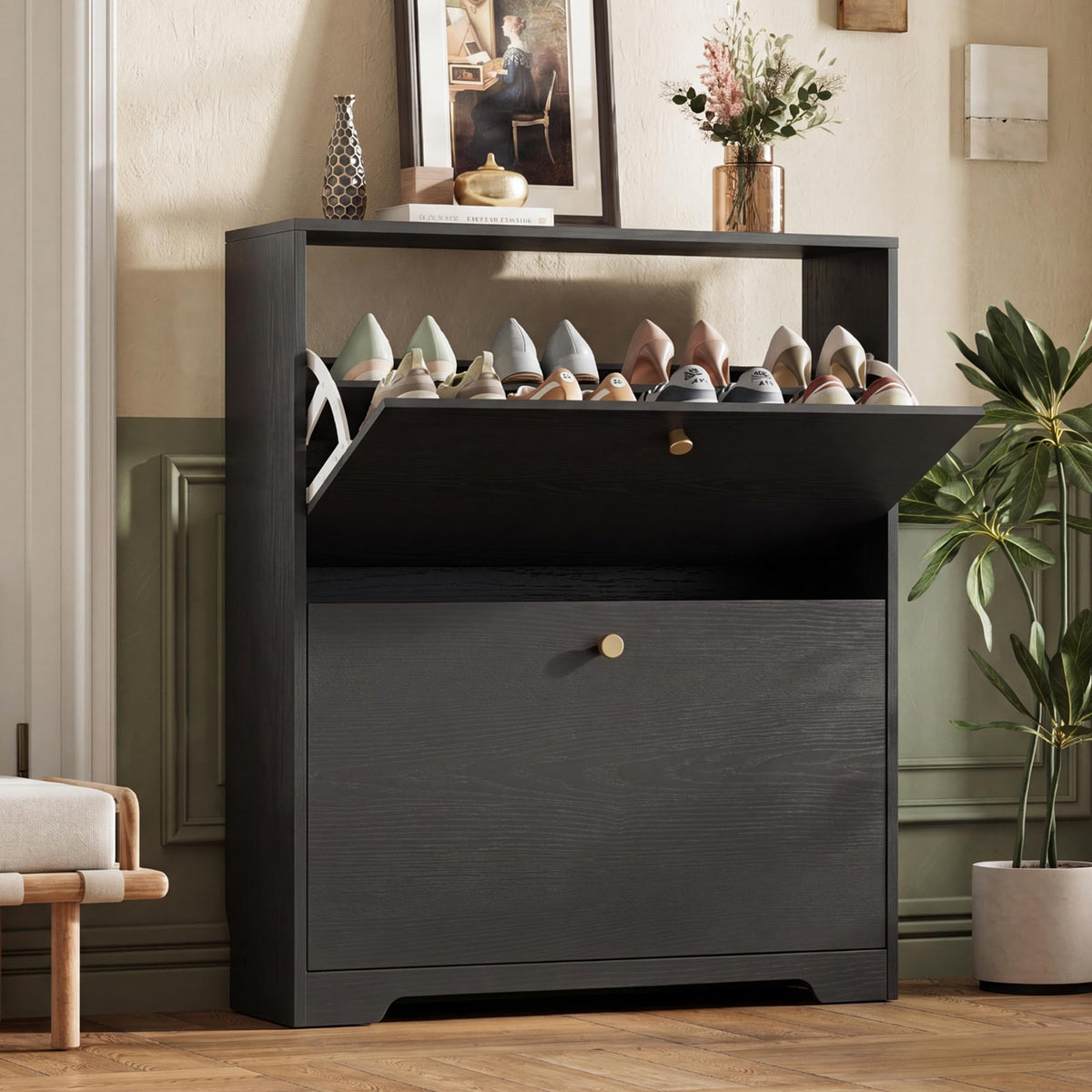 Nicetree Shoe Cabinet with 2 Flip Drawers, Narrow Shoe Organizer Cabinet, Freestanding Shoe Rack