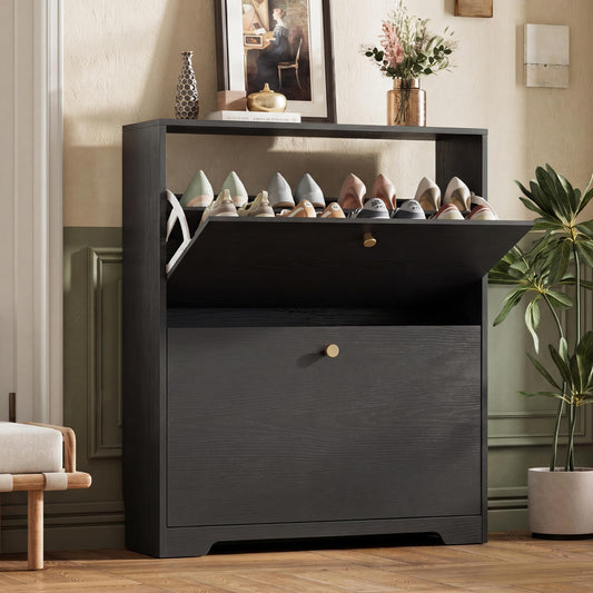 Nicetree Shoe Cabinet with 2 Flip Drawers, Narrow Shoe Organizer Cabinet, Freestanding Shoe Rack